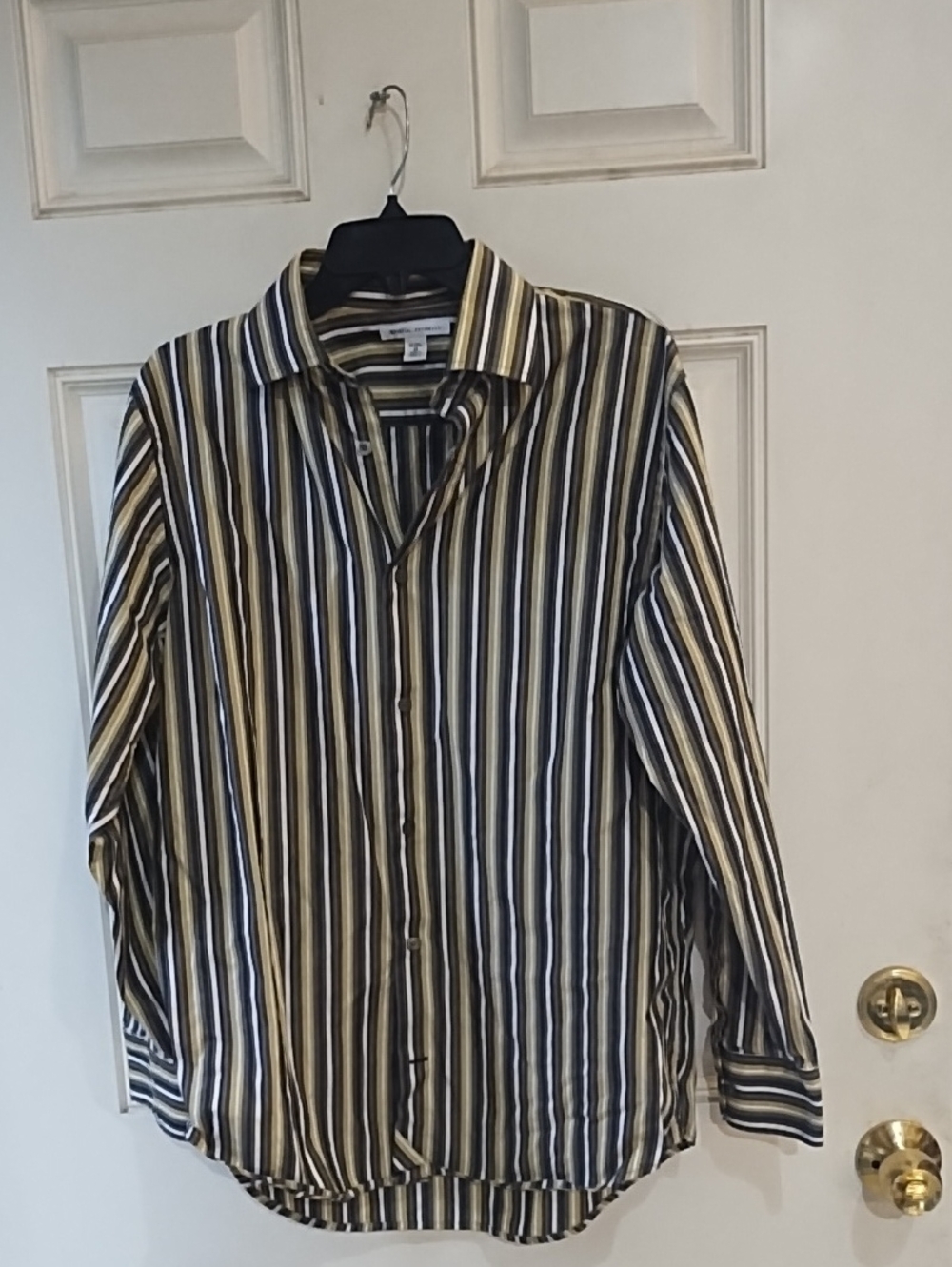 Men's Long-Sleeve Striped Button-Up Shirt — Black, White & Olive